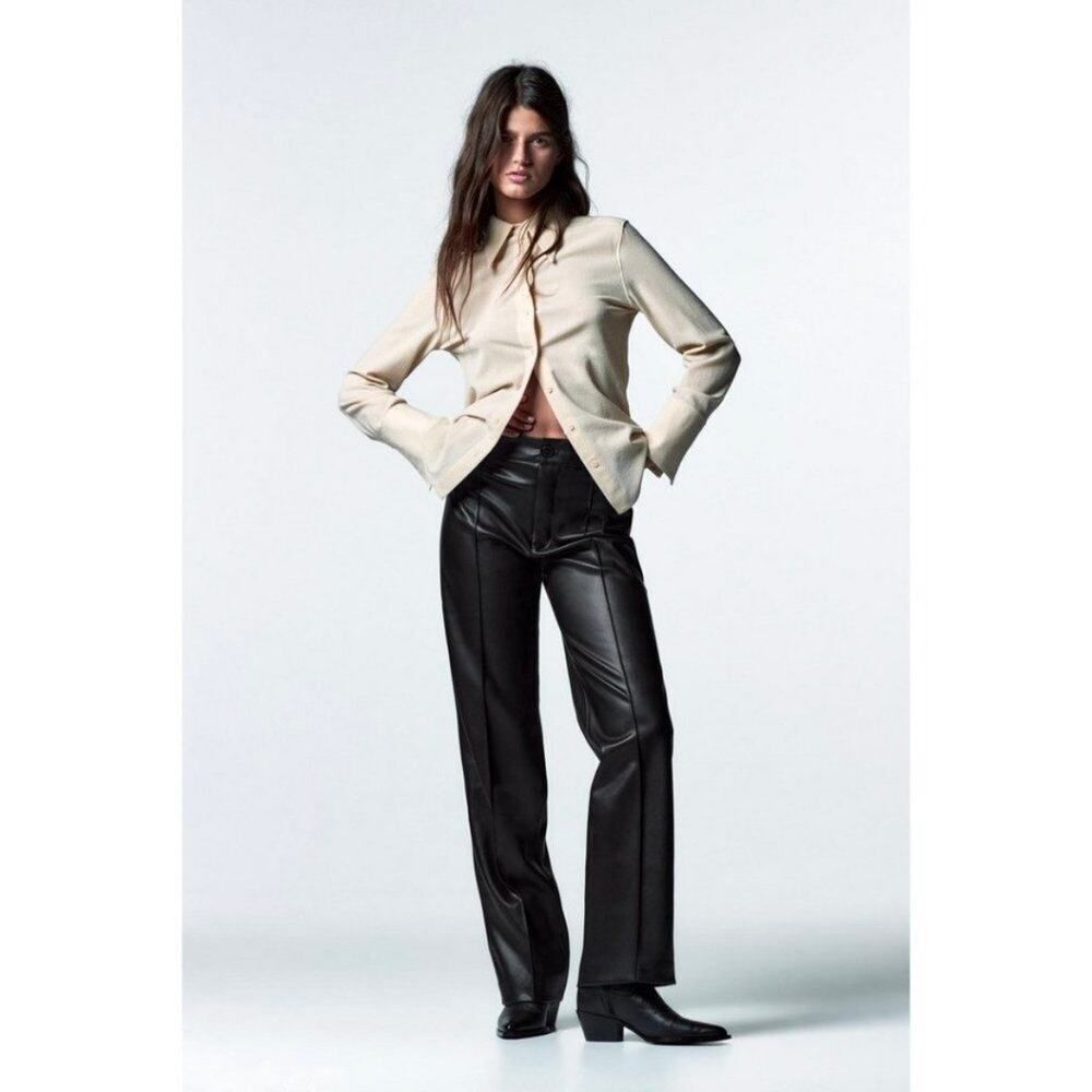 New Zara Black‎ Vegan Leather Full Length Straight Leg Pants Medium